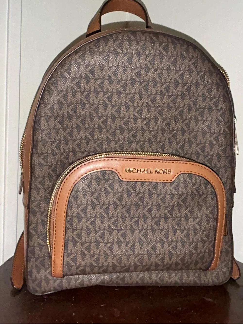 Michael Kors Brown Monogram Backpack with Tan Trim
